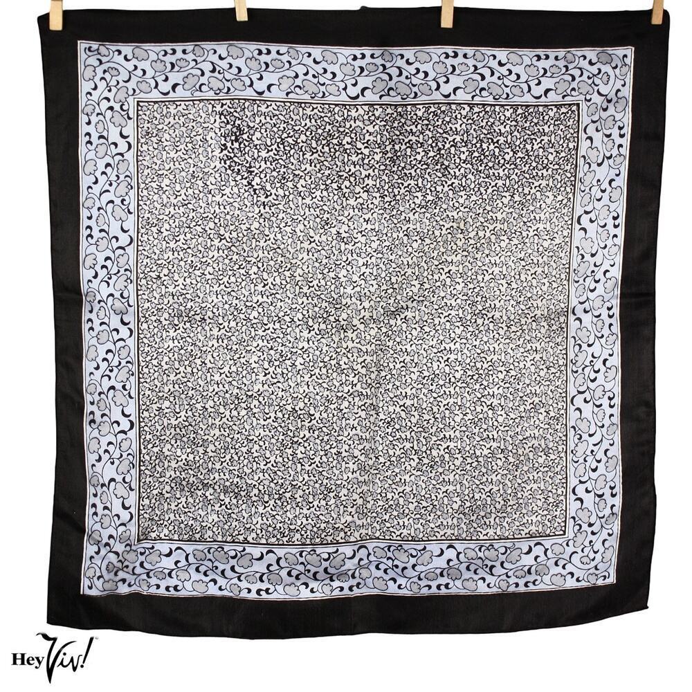 Vintage Silk Scarf Black Blue White Floral Border Print 20" Square - Hey Viv